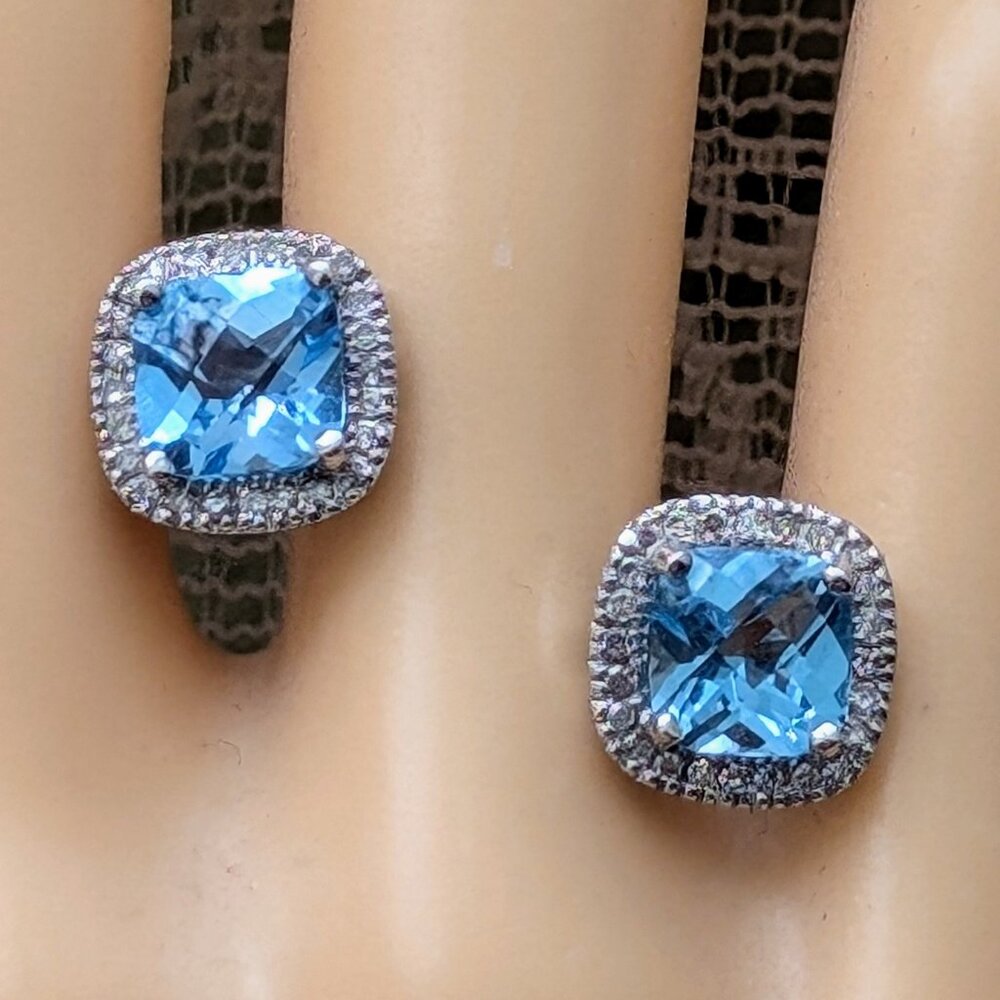 Designer Solid 14K White Gold Blue Topaz Diamond Halo Stud Post Pierced Earrings